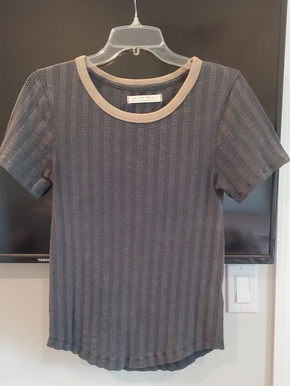 We The Free Gray Ribbed Short Sleeve Tee with Cream Crewneck Trim